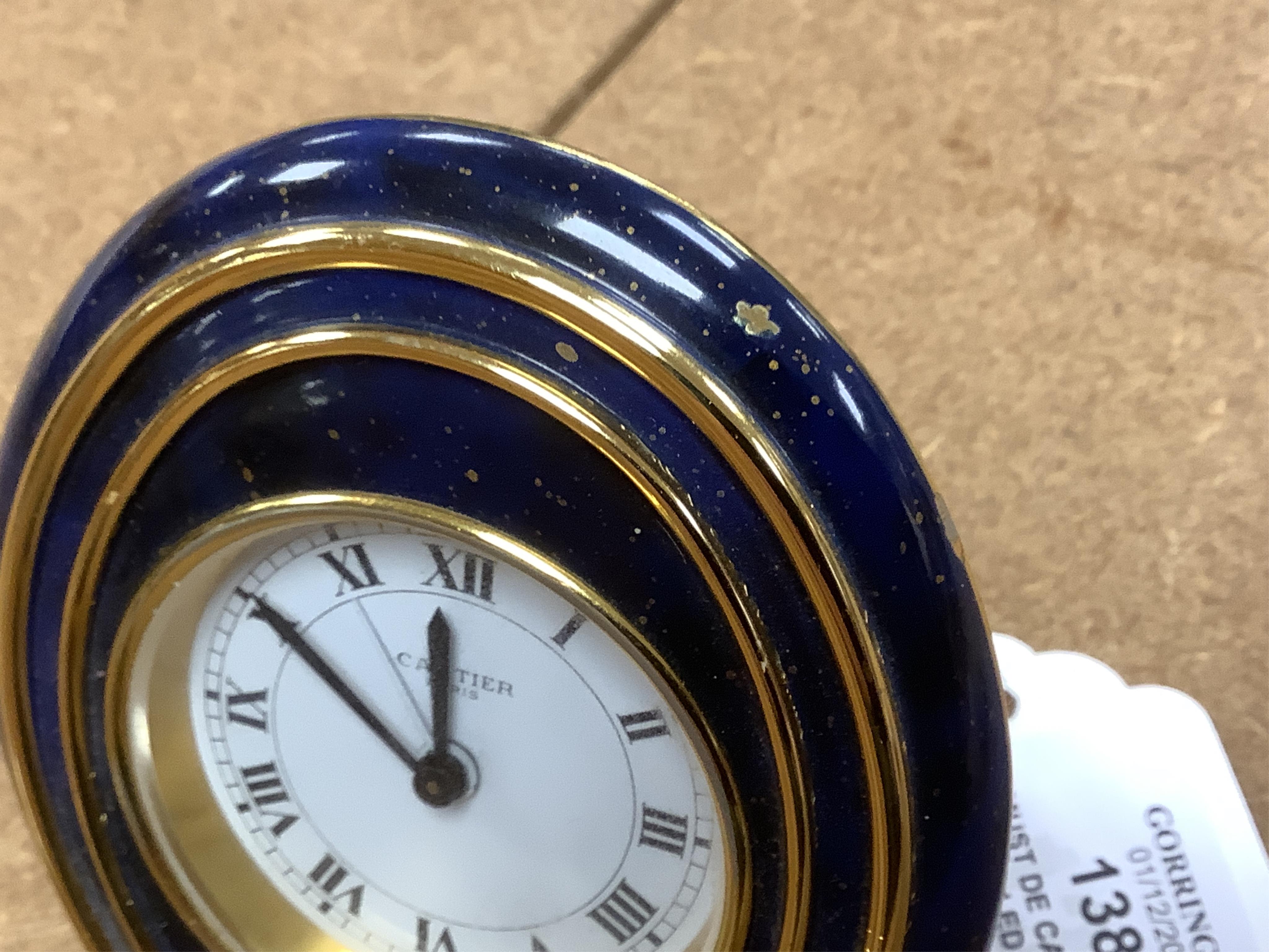 A Must de Cartier blue-enamelled travelling timepiece, in original case, 9.5cm high